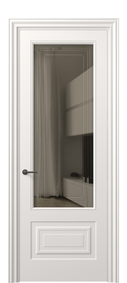 Межкомнатная дверь Mascot 8442 Матовый пудровый белый Прозрачное бронзовое стекло с гравировкой "Грани", триплекс, 7 мм Цена 62079 ₽ | Volhovec