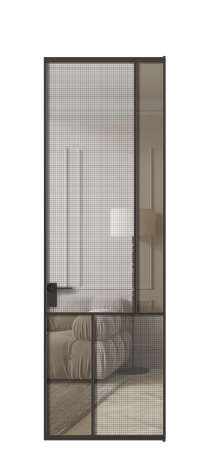 Межкомнатная дверь Mosaic АЛПЛ041.21 Алюминий антрацит Декоративное стекло с сеткой "Mesh silver", триплекс, 6 мм + Прозрачное бронзовое стекло, триплекс Цена 1120111 AMD | Volhovec