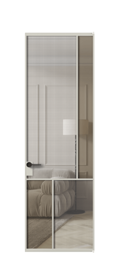 Межкомнатная дверь Mosaic АЛПЛ041.21 Алюминий тёплый серый Декоративное стекло с сеткой "Mesh silver", триплекс, 6 мм + Прозрачное бронзовое стекло, триплекс, 6 мм Цена 132572 ₽ | Volhovec