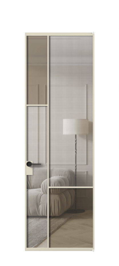 Межкомнатная дверь Mosaic АЛПЛ041.13 Алюминий бежево-серый Декоративное стекло с сеткой "Mesh silver", триплекс, 6 мм + Прозрачное бронзовое стекло, триплекс, 6 мм Цена 132572 ₽ | Volhovec