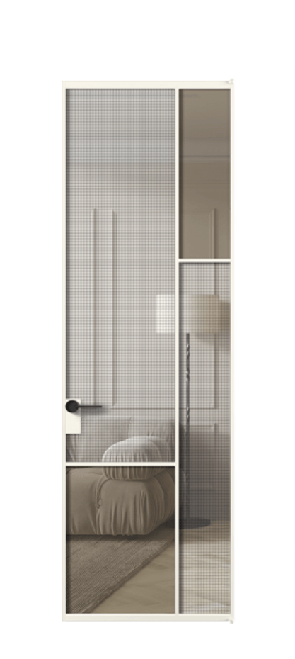 Межкомнатная дверь Mosaic АЛПЛ041.12 Алюминий пудровый белый Декоративное стекло с сеткой "Mesh silver", триплекс, 6 мм + Прозрачное бронзовое стекло, триплекс, 6 мм Цена 132572 ₽ | Volhovec