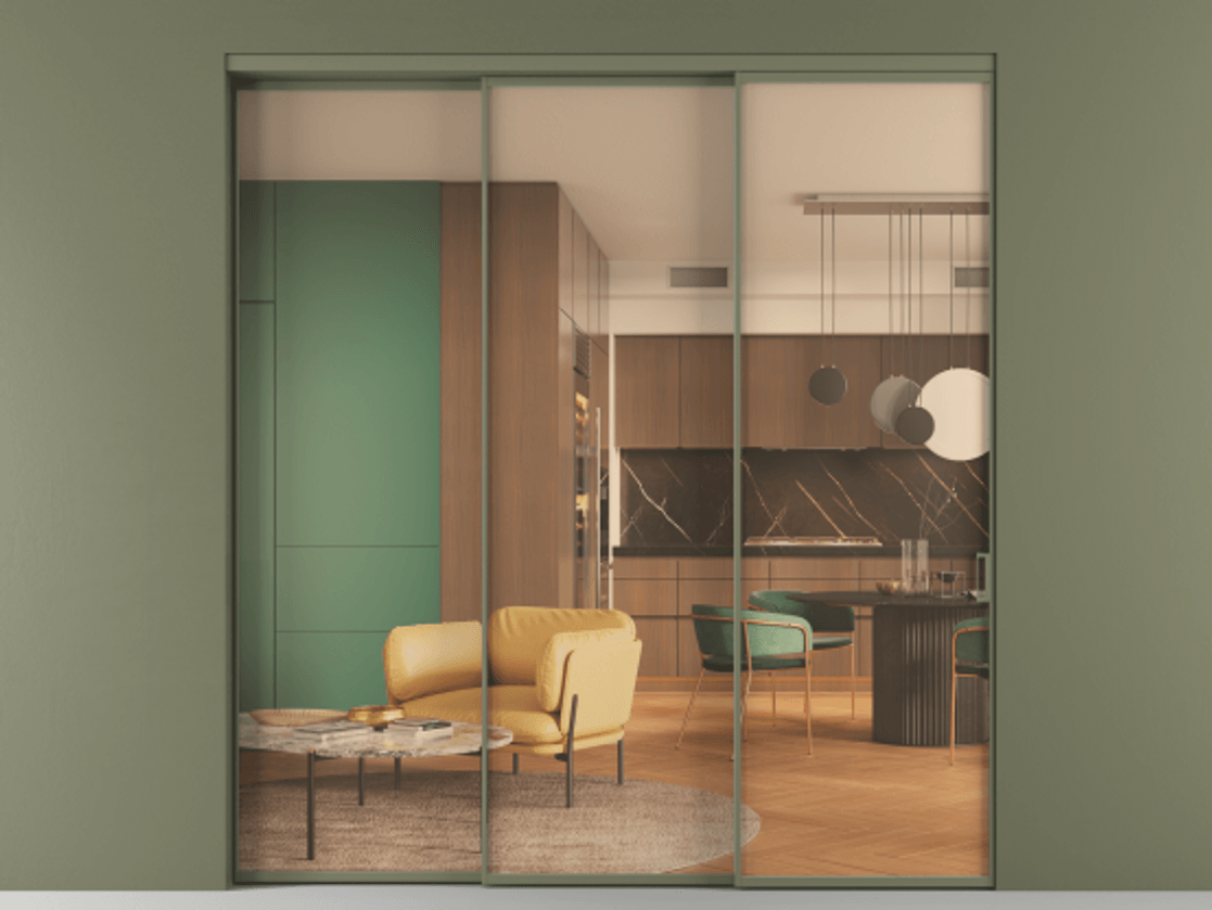 Перегородка Formato внутри проёма 3 створки с синхронным механизмом АЛПР 040.01 Алюминий оливковый тёмный Прозрачное оранжевое стекло, триплекс Цена 331580 ₽  | Volhovec