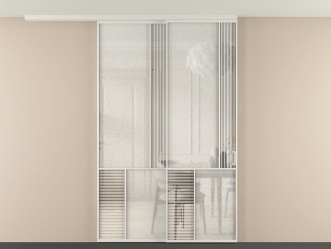 Перегородка Mosaic вдоль стены на потолок 2 створки с синхронным механизмом АЛПР 041.21 Алюминий Белый Рифлёное стекло "Дюна", триплекс, 6 мм + Фактурное стекло "Лёд", триплекс. Скрытый короб БЕЛ Цена 362800 ₽ . Фабрика дверей Волховец 8 (800) 551 43 19 Перегородка Mosaic вдоль стены на потолок 2 створки с синхронным механизмом АЛПР 041.21 Алюминий Белый Рифлёное стекло "Дюна", триплекс, 6 мм + Фактурное стекло "Лёд", триплекс Цена 362800 ₽ | Volhovec