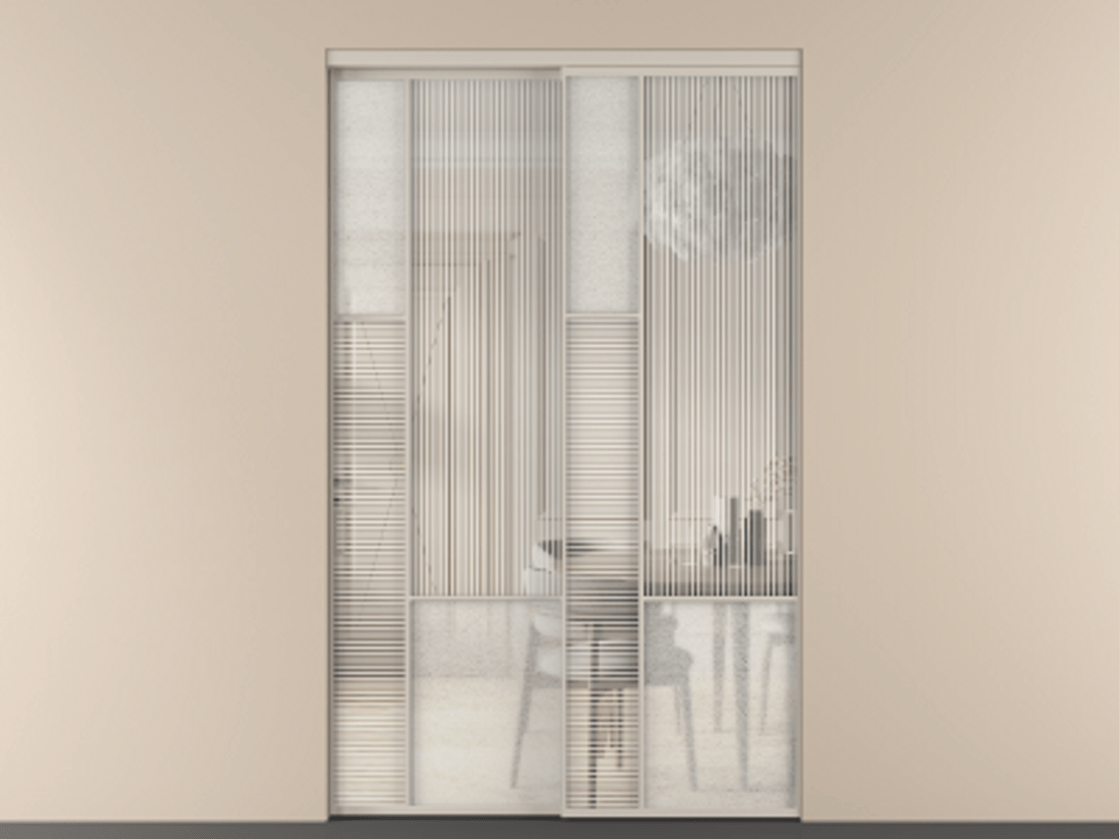 Перегородка Mosaic внутри проёма двустворчатая АЛПР 041.13 Алюминий светло-бежевый Рифлёное стекло "Дюна", триплекс, 6 мм + Фактурное стекло "Лёд", триплекс, 6 мм.  Цена 243240 ₽ . Фабрика дверей Волховец 8 (800) 551 43 19  Перегородка Mosaic внутри проёма двустворчатая АЛПР 041.13 Алюминий светло-бежевый Рифлёное стекло "Дюна", триплекс, 6 мм + Фактурное стекло "Лёд", триплекс, 6 мм Цена 243240 ₽ | Volhovec