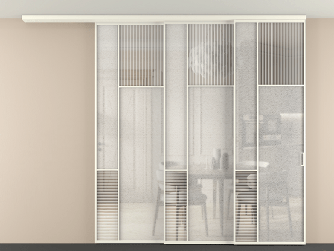 Перегородка Mosaic вдоль стены телескопик синхро 3 АЛПР 041.11 Алюминий жемчужный Рифлёное стекло "Дюна", триплекс, 6 мм + Фактурное стекло "Лёд", триплекс, 6 мм.  Цена 494080 ₽ . Фабрика дверей Волховец 8 (800) 551 43 19  Перегородка Mosaic вдоль стены телескопик синхро 3 АЛПР 041.11 Алюминий жемчужный Рифлёное стекло "Дюна", триплекс, 6 мм + Фактурное стекло "Лёд", триплекс, 6 мм Цена 494080 ₽ | Volhovec