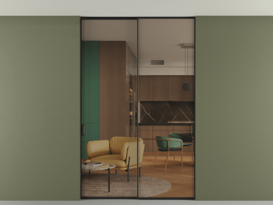 Перегородка Formato внутри проёма скрытое крепление в потолок 2 створки АЛПР 040.01 Алюминий Черный Прозрачное бронзовое стекло, триплекс. Скрытый короб ЧЕР Цена 253040 ₽ 1. Полотно 2 шт. (800/2100 мм)
2. Комплект установки раздвижной системы
3. Базовый комплект фурнитуры
4. Ручка RONDO. Фабрика дверей Волховец 8 (800) 551 43 19 Перегородка Formato внутри проёма скрытое крепление в потолок 2 створки АЛПР 040.01 Алюминий Черный Прозрачное бронзовое стекло, триплекс Цена 253040 ₽ | Volhovec