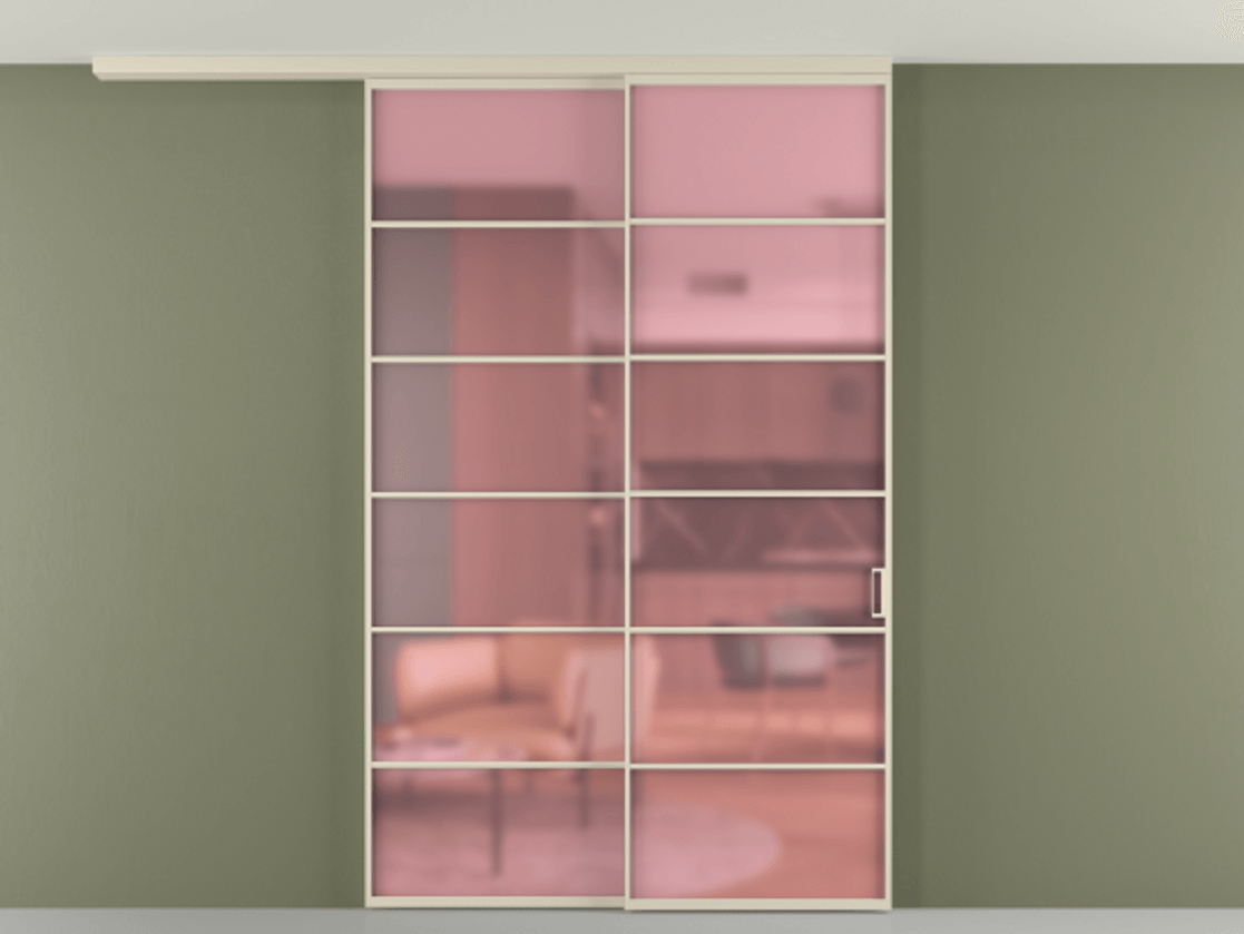 Перегородка Формато вдоль стены на потолок 2 створки с синхронным механизмом АЛПР 040.04 Алюминий бежево-серый Сатинированное розовое стекло, триплекс Цена 291704 ₽ | Volhovec