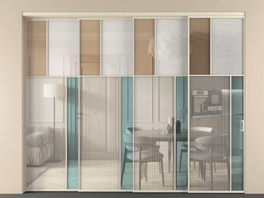 Перегородка Mosaic внутри проёма 4 створки с синхронным механизмом АЛПР 041.23 Алюминий бежево-серый Комбинация стекол Группы 1 и Группы 3 Цена 611520 ₽ | Volhovec