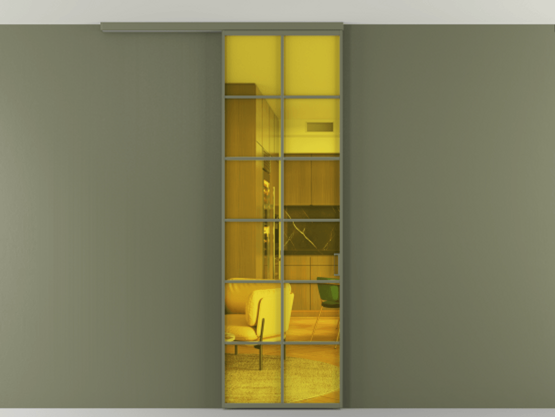 Перегородка Formato вдоль стены на потолок 1 створка АЛПР 040.05 Алюминий оливковый тёмный Прозрачное жёлтое стекло, триплекс Цена 107852 ₽ | Volhovec