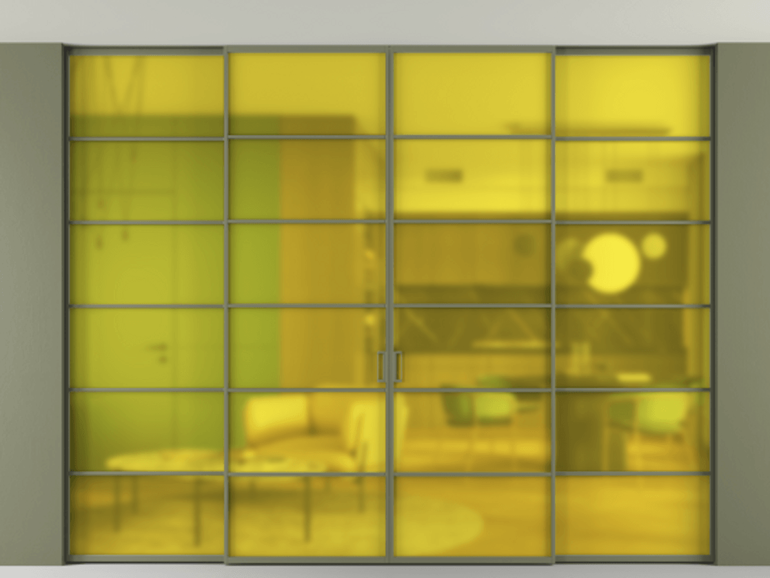 Перегородка Formato внутри проёма скрытое крепление в потолок 4 створки АЛПР 040.04 Алюминий оливковый тёмный Сатинированное жёлтое стекло, триплекс Цена 466270 ₽ | Volhovec