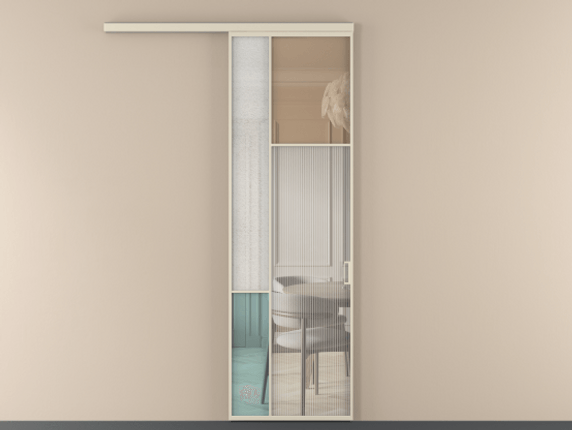 Перегородка Mosaic вдоль стены 1 створка АЛПР 041.11  Алюминий бежево-серый Комбинация стекол Группы 1 и Группы 3 Цена 143030 ₽ | Volhovec