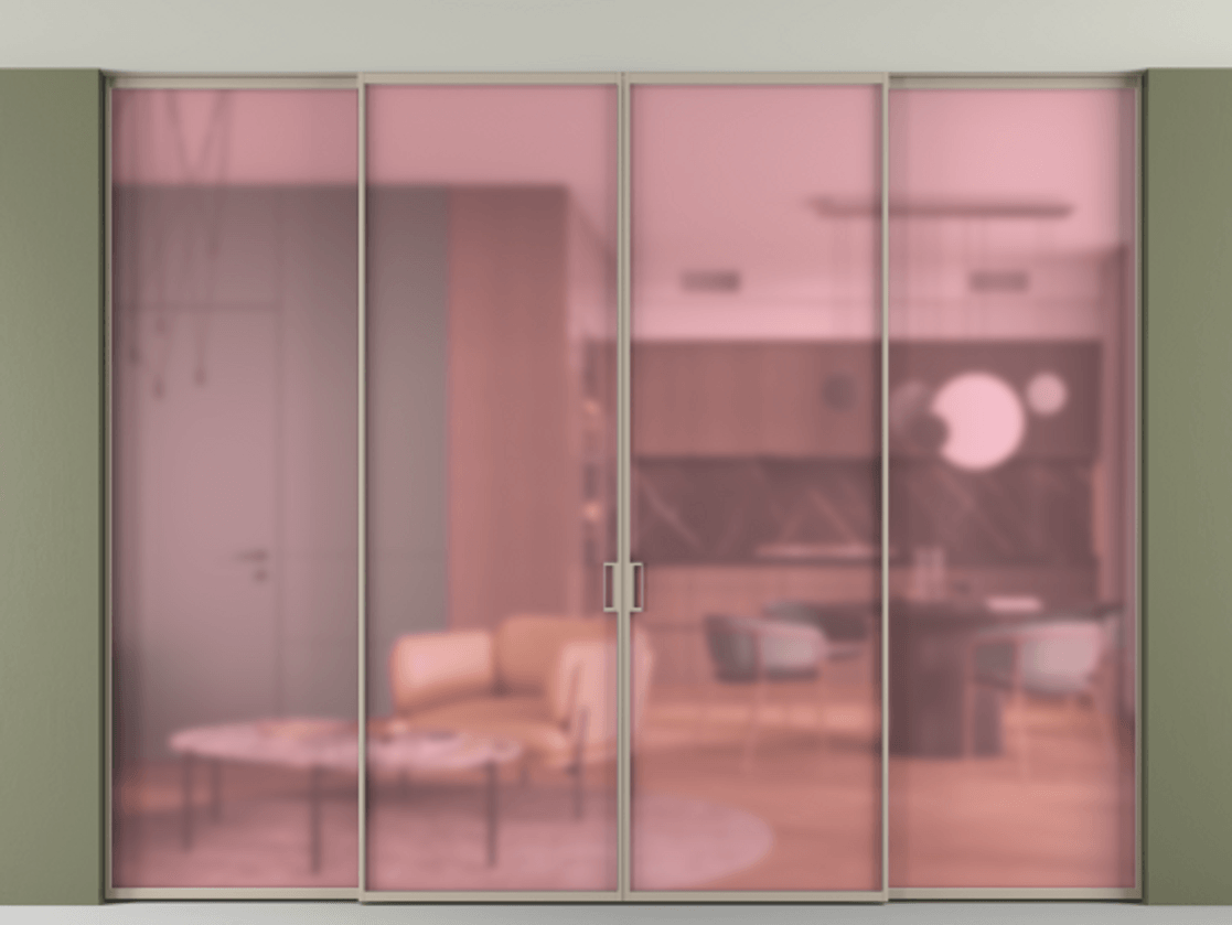 Перегородка Formato внутри проёма скрытое крепление в потолок 4 створки АЛПР 040.01 Алюминий бисквитный Сатинированное розовое стекло, триплекс. Цена 438044 ₽ 1. Полотно 4 шт. (800/2100 мм)
2. Комплект установки раздвижной системы
3. Базовый комплект фурнитуры
4.Ручка RONDO. Фабрика дверей Волховец 8 (800) 551 43 19 Перегородка Formato внутри проёма скрытое крепление в потолок 4 створки АЛПР 040.01 Алюминий бисквитный Сатинированное розовое стекло, триплекс Цена 438044 ₽ | Volhovec