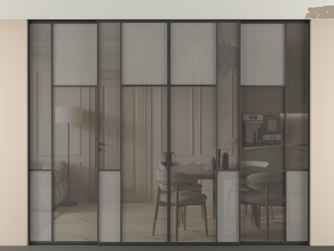 Перегородка Mosaic внутри проёма скрытое крепление в потолок 4 створки АЛПР 041.10 Алюминий Черный Сатинированное серое стекло, триплекс, 6 мм + Прозрачное серое стекло, триплекс. Скрытый короб ЧЕР Цена 602850 ₽ . Фабрика дверей Волховец 8 (800) 551 43 19 Перегородка Mosaic внутри проёма скрытое крепление в потолок 4 створки АЛПР 041.10 Алюминий Черный Сатинированное серое стекло, триплекс, 6 мм + Прозрачное серое стекло, триплекс Цена 602850 ₽ | Volhovec