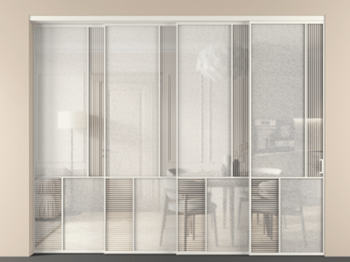 Перегородка Mosaic внутри проёма 4 створки с синхронным механизмом АЛПР 041.21 Алюминий Белый Рифлёное стекло "Дюна", триплекс, 6 мм + Фактурное стекло "Лёд", триплекс. Скрытый короб БЕЛ Цена 621660 ₽ . Фабрика дверей Волховец 8 (800) 551 43 19 Перегородка Mosaic внутри проёма 4 створки с синхронным механизмом АЛПР 041.21 Алюминий Белый Рифлёное стекло "Дюна", триплекс, 6 мм + Фактурное стекло "Лёд", триплекс Цена 621660 ₽ | Volhovec
