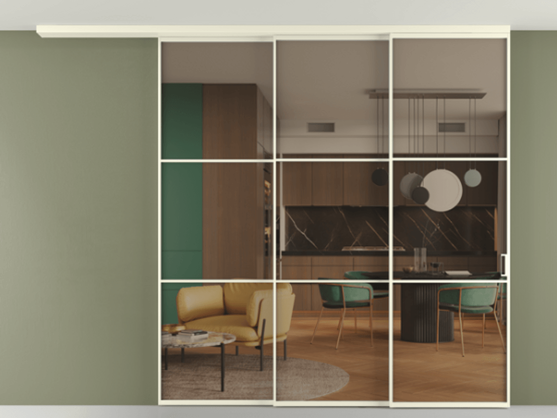 Перегородка Формато вдоль стены на потолок 3 створки с синхронным механизмом АЛПР 040.03 Алюминий молочно-белый Прозрачное бронзовое стекло, триплекс Цена 445930 ₽ | Volhovec