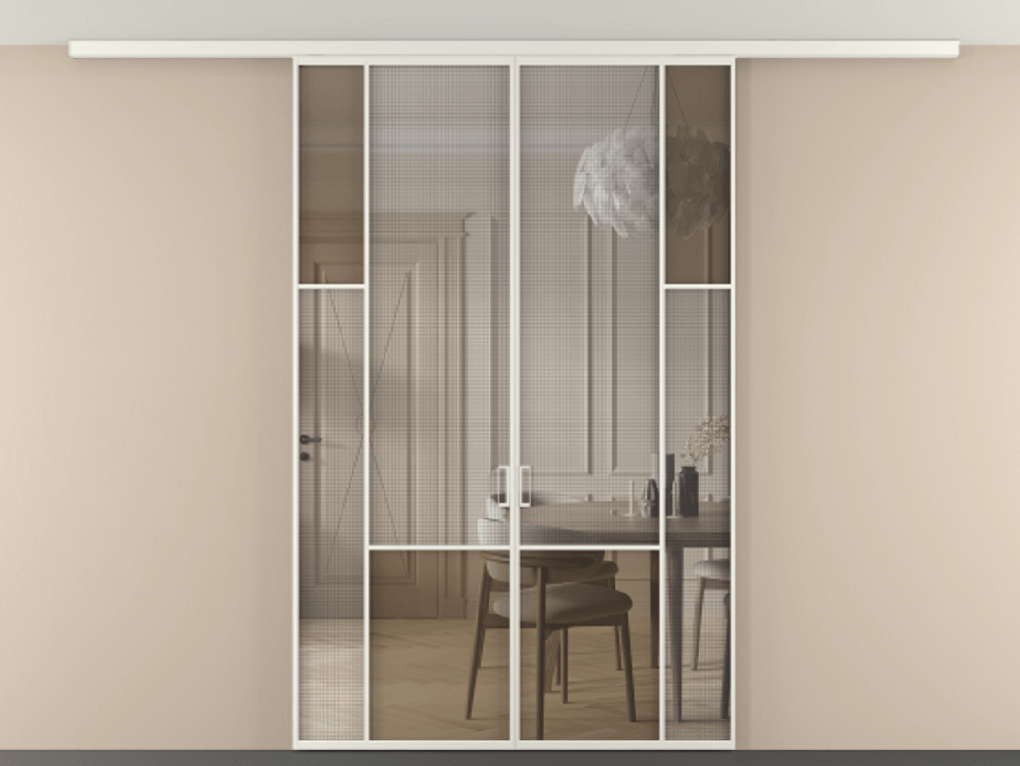 Перегородка Mosaic вдоль стены на потолок двустворчатая АЛПР 041.12 Алюминий Белый Декоративное стекло с сеткой "Mesh silver", триплекс, 6 мм + Прозрачное бронзовое стекло, триплекс, 6 мм. Скрытый короб БЕЛ Цена 249920 ₽ . Фабрика дверей Волховец 8 (800) 551 43 19  Перегородка Mosaic вдоль стены на потолок двустворчатая АЛПР 041.12 Алюминий Белый Декоративное стекло с сеткой "Mesh silver", триплекс, 6 мм + Прозрачное бронзовое стекло, триплекс, 6 мм Цена 249920 ₽ | Volhovec