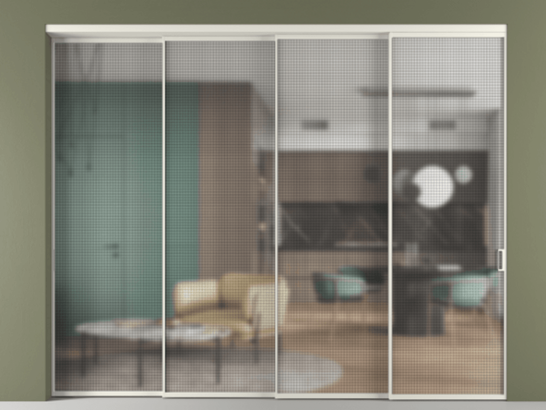 Перегородка Formato внутри проёма телескопик синхро 3 АЛПР 040.01 Алюминий Белый Декоративное стекло с сеткой "Mesh silver", триплекс, 6 мм. Скрытый короб БЕЛ Цена 483100 ₽ 1. Полотно 4 шт.  (800/2100 мм)
2. Комплект установки раздвижной системы
3. Базовый комплект фурнитуры
4. Комплект фурнитуры телескопик синхро-3
5. Ручка RONDO
. Фабрика дверей Волховец 8 (800) 551 43 19  Перегородка Formato внутри проёма телескопик синхро 3 АЛПР 040.01 Алюминий Белый Декоративное стекло с сеткой "Mesh silver", триплекс, 6 мм Цена 483100 ₽ | Volhovec