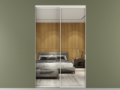 Алюминевая перегородка vn2_01 Зеркало триплекс БЕЛ. Цвет Алюминий Белый. Материал Алюминий. Коллекция Перегородка Formato внутри проёма двустворчатая. Картинка.