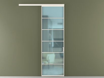 Алюминевая перегородка vd1_04_ Алюминий пудровый белый Сатинированное голубое стекло, триплекс, 6мм. Цвет Алюминий пудровый белый. Материал Алюминий в эмали. Коллекция Перегородка Formato вдоль стены одностворчатая. Картинка.