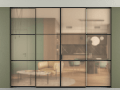 Алюминевая перегородка АЛПР 040.03_ЧРН_САТ ОРАНЖ_new. Цвет Алюминий Черный. Материал Алюминий. Коллекция Перегородка Formato внутри проёма четырёхстворчатая со скрытым креплением в потолок. Картинка.