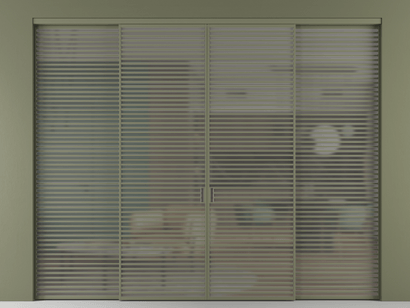 Алюминевая перегородка АЛПР 040.07_АОТ_Серый сатин триплекс_new. Цвет Алюминий оливковый тёмный. Материал Алюминий в эмали. Коллекция Перегородка Formato внутри проёма четырёхстворчатая. Картинка.