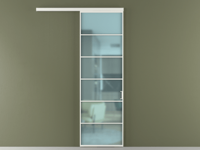 Алюминевая перегородка vd1_04_ Алюминий светло-серый Сатинированное голубое стекло, триплекс, 6мм. Цвет Алюминий светло-серый. Материал Алюминий в эмали. Коллекция Перегородка Formato вдоль стены одностворчатая. Картинка.