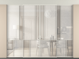 Алюминевая перегородка vntp4_1 БЕЛ. Цвет Алюминий Белый. Материал Алюминий. Коллекция Перегородка Mosaic внутри проёма четырёхстворчатая со скрытым креплением в потолок. Картинка.