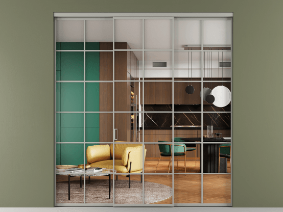 Алюминевая перегородка АЛПР 040.05_АНСР_Crystalvision_new. Цвет Алюминий нейтральный серый. Материал Алюминий в эмали. Коллекция Перегородка Формато внутри проёма 3 створки. Картинка.