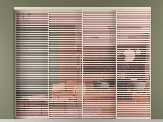 Алюминевая перегородка vn4_07_ Алюминий бежево-серый Прозрачное розовое стекло, триплекс, 6мм. Цвет Алюминий бежево-серый. Материал Алюминий в эмали. Коллекция Перегородка Formato внутри проёма 4 створки с синхронным механизмом. Картинка.