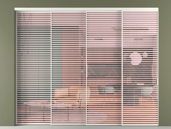 Алюминевая перегородка vn4_07_ Алюминий светло-серый Прозрачное розовое стекло, триплекс, 6мм. Цвет Алюминий светло-серый. Материал Алюминий в эмали. Коллекция Перегородка Formato внутри проёма 4 створки с синхронным механизмом. Картинка.