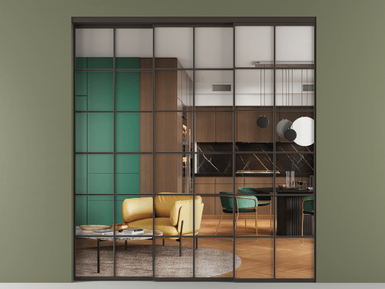 Алюминевая перегородка АЛПР 040.05_ААН_Crystalvision_new. Цвет Алюминий антрацит. Материал Алюминий в эмали. Коллекция Перегородка Формато внутри проёма 3 створки с синхронным механизмом. Картинка.