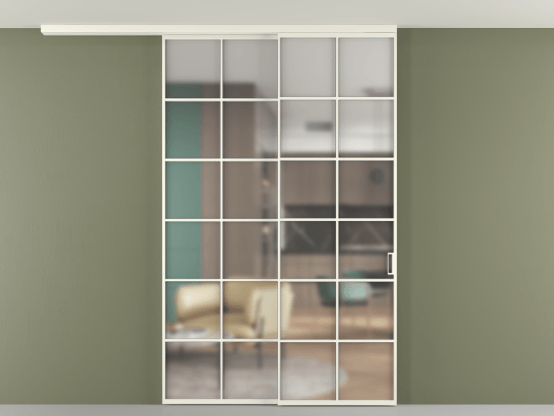 Алюминевая перегородка АЛПР 040.05_АЖМ_Matelux Crystalvision_new. Цвет Алюминий жемчужный. Материал Алюминий в эмали. Коллекция Перегородка Formato вдоль стены на потолок 2 створки с синхронным механизмом. Картинка.