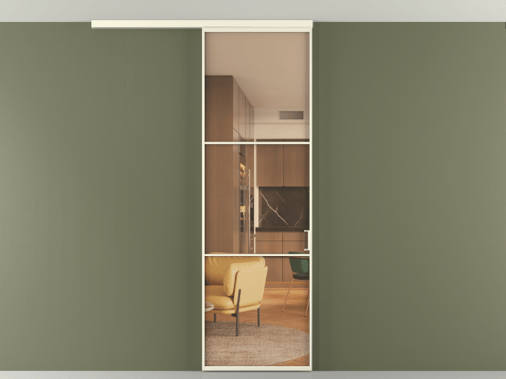 Алюминевая перегородка АЛПР 040.03_АМБ_ПРОЗ ОРАНЖ_new. Цвет Алюминий молочно-белый. Материал Алюминий в эмали. Коллекция Перегородка Формато вдоль стены на потолок 1 створка. Картинка.