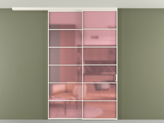 Алюминевая перегородка pv2_2_04_ Алюминий пудровый белый Сатинированное розовое стекло, триплекс, 6мм. Цвет Алюминий пудровый белый. Материал Алюминий в эмали. Коллекция Перегородка Формато вдоль стены на потолок 2 створки с синхронным механизмом. Картинка.