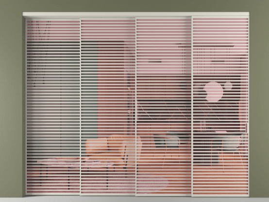 Алюминевая перегородка vn4_07_ Алюминий тёплый серый Прозрачное розовое стекло, триплекс, 6мм. Цвет Алюминий тёплый серый. Материал Алюминий в эмали. Коллекция Перегородка Formato внутри проёма 4 створки с синхронным механизмом. Картинка.