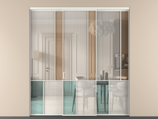 Алюминевая перегородка vn3_1 Алюминий светло-серый Четыре стекла. Цвет Алюминий светло-серый. Материал Алюминий в эмали. Коллекция Перегородка Mosaic внутри проёма 3 створки. Картинка.