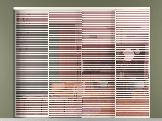 Алюминевая перегородка vn4_07_ Алюминий пудровый белый Прозрачное розовое стекло, триплекс, 6мм. Цвет Алюминий пудровый белый. Материал Алюминий в эмали. Коллекция Перегородка Formato внутри проёма 4 створки с синхронным механизмом. Картинка.