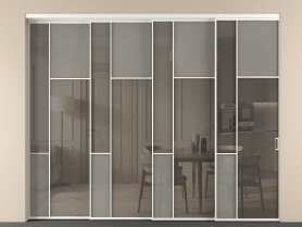 Алюминевая перегородка vntl4_5 Алюминий бежево-серый Серый сатин матовое + Серый прозрачное. Цвет Алюминий бежево-серый. Материал Алюминий в эмали. Коллекция Перегородка Мозаик внутри проёма 4 створки с синхронным механизмом. Картинка.