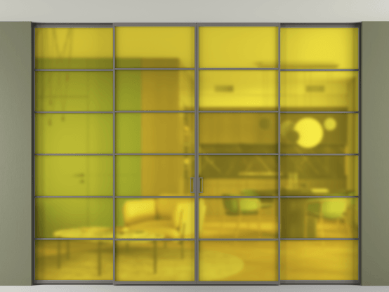 Алюминевая перегородка АЛПР 040.04_АКЛС_САТ ЖЕЛ_new. Цвет Алюминий классический серый. Материал Алюминий в эмали. Коллекция Перегородка Formato внутри проёма скрытое крепление в потолок 4 створки. Картинка.