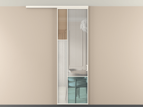 Алюминевая перегородка vdp1_6 Алюминий пудровый белый Четыре стекла. Цвет Алюминий пудровый белый. Материал Алюминий в эмали. Коллекция Перегородка Mosaic вдоль стены на потолок 1 створка. Картинка.