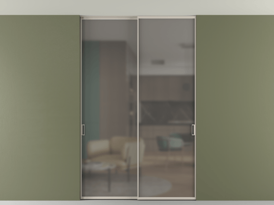 Алюминевая перегородка АЛПР 040.01_АСБЖ_Серый сатин триплекс_new. Цвет Алюминий светло-бежевый. Материал Алюминий в эмали. Коллекция Перегородка Формато внутри проёма скрытое крепление в потолок 2 створки. Картинка.